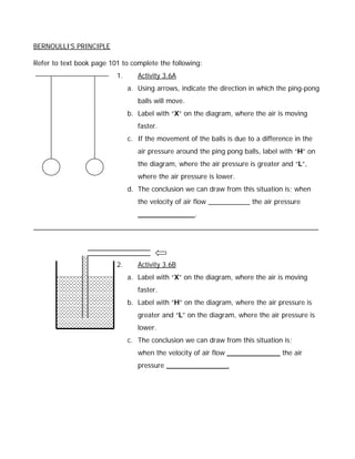 BERNOULLI’S PRINCIPLE

Refer to text book page 101 to complete the following:
                          1.      Activity 3.6A
                               a. Using arrows, indicate the direction in which the ping-pong
                                  balls will move.
                               b. Label with “X” on the diagram, where the air is moving
                                  faster.
                               c. If the movement of the balls is due to a difference in the
                                  air pressure around the ping pong balls, label with “H” on
                                  the diagram, where the air pressure is greater and “L”,
                                  where the air pressure is lower.
                               d. The conclusion we can draw from this situation is; when
                                  the velocity of air flow ___________ the air pressure
                                  _______________.
___________________________________________________________________________




                          2.      Activity 3.6B
                               a. Label with “X” on the diagram, where the air is moving
                                  faster.
                               b. Label with “H” on the diagram, where the air pressure is
                                  greater and “L” on the diagram, where the air pressure is
                                  lower.
                               c. The conclusion we can draw from this situation is;
                                  when the velocity of air flow ______________ the air
                                  pressure ________________.
 