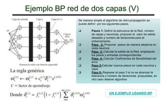 Ejemplo BP red de dos capas (V)
De manera simple el algoritmo de retro-propagación se
puede definir por los siguientes pasos.
 Pasos 1- Definir la estructura de la Red, número
de capas y neuronas, proponer el valor de salida
deseado y numero de iteraciones para el
entrenamiento.
 Paso 2- Proponer pesos de manera aleatoria en
cada neurona
 Paso 3- Calcular la salida de la Red, empleando
los pesos y entradas correspondientes
 Paso 4- Calcular Coeficientes de Sensibilidad del
error
 Paso 5-Calcular nuevos pesos en cada neurona y
capa
 Paso 6- Regresar al paso 3 si no se alcanzar la
tolerancia o número de iteraciones propuestas, en
otro caso detener algoritmo
UN EJEMPLO USANDO BP
 