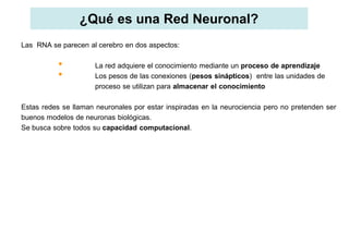 ¿Qué es una Red Neuronal?
Las RNA se parecen al cerebro en dos aspectos:
• La red adquiere el conocimiento mediante un proceso de aprendizaje
• Los pesos de las conexiones (pesos sinápticos) entre las unidades de
proceso se utilizan para almacenar el conocimiento
Estas redes se llaman neuronales por estar inspiradas en la neurociencia pero no pretenden ser
buenos modelos de neuronas biológicas.
Se busca sobre todos su capacidad computacional.
 