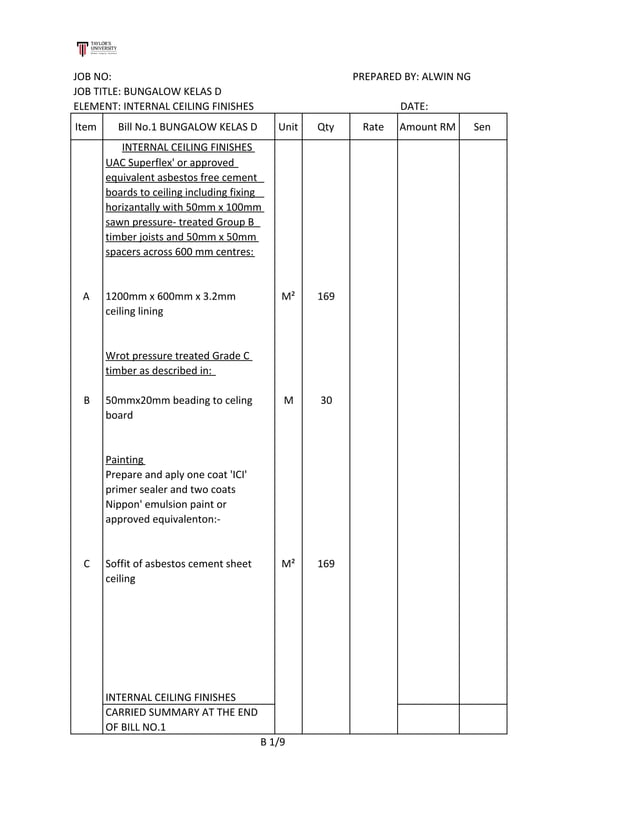 Final Bills of Quantity