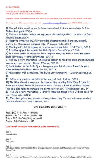 For FACEBOOK
INFANT JESUS JOGESHWARI, MUMBAI
BIBLE QUEST 14 - FEEDBACKS AND RESULTS
Following are the feedbacks received from some of the participants who appeared for the monthly bible quiz.
For ready to use bible quiz question sets visit – www.infantjesusjogeshwari.in go to RESOURCE section.
1] Through Bible quest we get to know more about God and come closer to Him -
Meline Rodrigues, SCC 6.
2] The best initiative to improve my personal knowledge about the Word of God –
Navin D’Souza, SCC 4
3] Happy to write the BQ. Fully crowded classrooms and all are very eagerly
waiting for the papers, including kids – Prameela Pinto, SCC 4
4] Thank you Fr. BQ is helping us to know more about bible. – Feli Vieira, SCC 4
5] I really enjoyed this wonderful Bible Quest – Caren Pinto, 4th
Std
6] It is very useful to study our Bible chapter wise, and then to read the whole
Bible very easily – Ramona Fernando, SCC 10
7] The BQ is very interesting. It gives us passion to read the bible and encourages
everyone to participate – Bonnel D’Souza, SCC 10
8] Participation in the Bible Quest has given me a lot of peace. I want to learn
more and more on Bible – Maria D’Silva, SCC 18
9] Nice paper. Well conducted. The BQ is very interesting – Melroy Soares, SCC
18
10] BQ is very good for us to know the word of God – Esther, SCC 9
11] The Bible Quest is very nice. Because of this monthly Bible Quiz I came to
know more about Jesus. It is an opportunity for me to know more about Jesus.
This quiz also helps to increase the points for our SCC – Erica Gomes, SCC 17
12] The BQ is very interesting. I came to know the things which God has done for
me – Tisha Lobo, SCC 2
13] The bible quiz is very simple and very interesting. I came to know more about
Jesus and Moses – Tanisha Gomes, SCC 2
TOP 4 SCCs in the BIBLE QUEST 14
First – SCC 4 – St Pius - 479 marks
Second – SCC 6 – O.L. of Lourdes - 478
Third – SCC 10 – Good Shepherd – 468
Fourth – O.L. Vailankanni – 445
OUTSTANDING INDIVIDUAL PERFORMANCE (marks scored 48 to 50)
SCC 1
Veena Monteiro
SCC 2
Elvis Lobo
SCC 4
Clara Lewis (50/50); Ida Pinto (50/50); Navin D’Souza; Rosemary Johnson; Dipti Mukharjee; Leroy Vieira; Feli Vieira;
Pramila Pinto
SCC 6
Nelson Sequeira; victor Sequeira; Domnic Sequeira; Aleric Rodrigues; Don Rebeiro; Sylvia Sequeira; Shobha Sequeira;
 