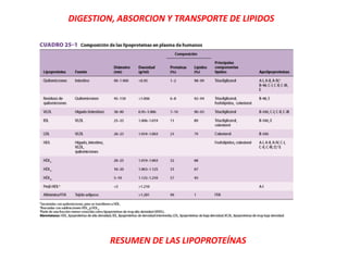 RESUMEN DE LAS LIPOPROTEÍNAS
DIGESTION, ABSORCION Y TRANSPORTE DE LIPIDOS
 