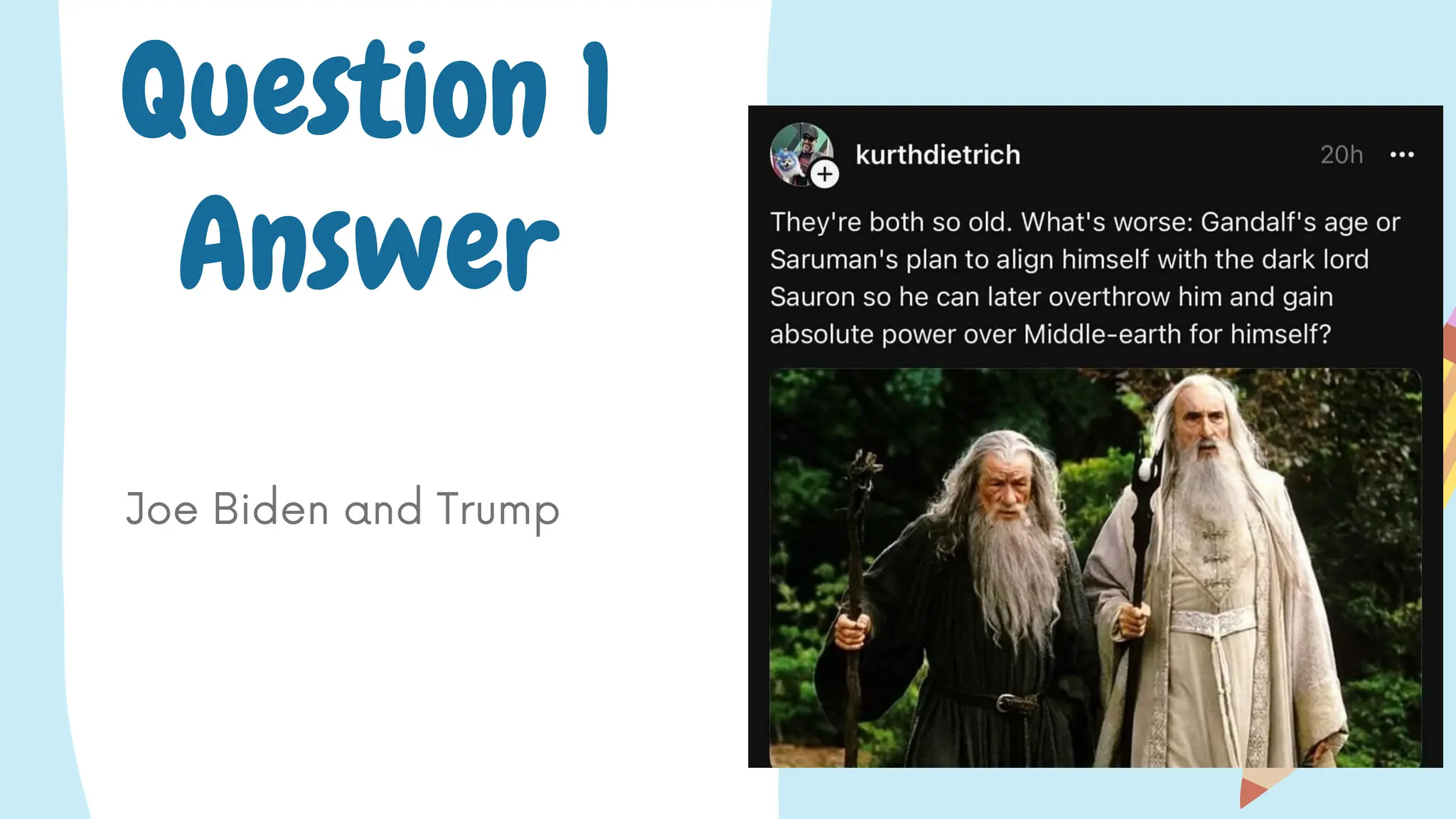Question 1
Answer
Joe Biden and Trump
 