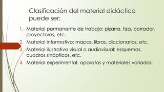 Clasificación del material didáctico
puede ser:
1. Material permanente de trabajo: pizarra, tiza, borrador,
proyectores, etc.
2. Material informativo: mapas, libros, diccionarios, etc.
3. Material ilustrativo visual o audiovisual: esquemas,
cuadros sinópticos. etc.
4. Material experimental: aparatos y materiales variados.
 
