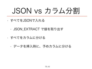/42
JSON vs カラム分割
• すべてをJSONで入れる
• JSON_EXTRACT で値を取り出す
• すべてをカラムに分ける
• データを挿入時に、予めカラムに分ける
15
 
