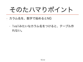 /42
そのたハマりポイント
• カラム名を、数字で始めるとNG
• 1vs1みたいなカラム名をつけると、テーブル作れ
ない。
18
 