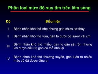 Phân loại mức độ suy tim trên lâm sàng
Độ Biểu hiện
I Bệnh nhân khó thở nhẹ nhưng gan chưa sờ thấy
II Bệnh nhân khó thở vừa, gan to dưới bờ sườn vài cm
III
Bệnh nhân khó thở nhiều, gan to gần sát rốn nhưng
khi được điều trị gan có thể nhỏ lại
IV
Bệnh nhân khó thở thường xuyên, gan luôn to nhiều
mặc dù đã được điều trị
 
