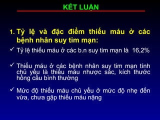 KẾT LUẬN
1. Tỷ lệ và đặc điểm thiếu máu ở các
bệnh nhân suy tim mạn:
 Tỷ lệ thiếu máu ở các b.n suy tim mạn là 16,2%
 Thiếu máu ở các bệnh nhân suy tim mạn tính
chủ yếu là thiếu máu nhược sắc, kích thước
hồng cầu bình thường
 Mức độ thiếu máu chủ yếu ở mức độ nhẹ đến
vừa, chưa gặp thiếu máu nặng
 