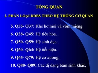 TỔNG QUANTỔNG QUAN
5. Q35- Q37: Khe hở môi và vòm miệng.
6. Q38- Q45: Hệ tiêu hóa.
7. Q50- Q59: Hệ sinh dục.
8. Q60- Q64: Hệ tiết niệu.
9. Q65- Q79: Hệ cơ xương.
10. Q80- Q89: Các dị dạng bẩm sinh khác.
2. PHÂN LOẠI DDBS THEO HỆ THỐNG CƠ QUAN2. PHÂN LOẠI DDBS THEO HỆ THỐNG CƠ QUAN
 