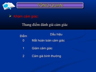 TỔNG QUANTỔNG QUANTỔNG QUANTỔNG QUAN
ĐiểmĐiểm
Dấu hiệuDấu hiệu
00 Mất hoàn toàn cảm giácMất hoàn toàn cảm giác
11 Giảm cảm giácGiảm cảm giác
22 Cảm giá bình thườngCảm giá bình thường
Thang điểm đánh giá cảm giácThang điểm đánh giá cảm giác
 Khám cảm giác:Khám cảm giác:
 