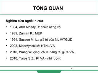 4
TỔNG QUAN
Nghiên cứu ngoài nước
• 1984, Abd Alhady R: chức năng vòi
• 1989, Zaman K.: MEP
• 1994, Sassen M. L.: giá trị của NL /VTGUD
• 2003, Modrzynski M: HTNL/VA
• 2010, Wang Wuqing: chức năng tai giữa/VA
• 2010, Toros S.Z.: Kt VA - nhĩ lượng
 