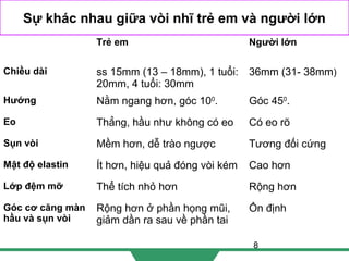 8
Sự khác nhau giữa vòi nhĩ trẻ em và người lớn
Trẻ em Người lớn
Chiều dài ss 15mm (13 – 18mm), 1 tuổi:
20mm, 4 tuổi: 30mm
36mm (31- 38mm)
Hướng Nằm ngang hơn, góc 100
. Góc 450
.
Eo Thẳng, hầu như không có eo Có eo rõ
Sụn vòi Mềm hơn, dễ trào ngược Tương đối cứng
Mật độ elastin Ít hơn, hiệu quả đóng vòi kém Cao hơn
Lớp đệm mỡ Thể tích nhỏ hơn Rộng hơn
Góc cơ căng màn
hầu và sụn vòi
Rộng hơn ở phần họng mũi,
giảm dần ra sau về phần tai
Ổn định
 
