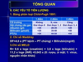 II. CÁC YẾU TỐ TIÊN LƯỢNG
1. Bảng phân loại Child-Pugh 1991:
2. Chỉ số Maddrey
DF=4,6 x (PT bệnh – PT chứng) + Bilirubin(mg/dl)
3.Chỉ số MELD
R= 9,6 x loge (creatinin) + 3,8 x loge (bilirubin) +
11,2 x loge (INR) +0,643 x (0: rượu, ứ mật; 1: virus,
nguyên nhân khác)
1 điểm 2 điểm 3 điểm
Cổ trướng Không Ít, vừa Căng
Hội chứng não gan Giai đoạn 0 Giai đoạn 1, 2 Giai đoạn 3, 4
Albumin (g/l) >35 28-35 <28
Billirubin (µmol/l) <35 35-50 >50
PT(%) >54 44-54 <44
TỔNG QUAN
 