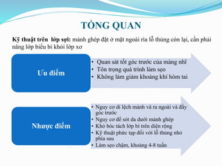 TỔNG QUAN
• Quan sát tốt góc trước của màng nhĩ
• Tôn trọng quá trình làm sẹo
• Không làm giảm khoảng khí hòm tai
Ưu điểm
• Nguy cơ di lệch mảnh vá ra ngoài và đầy
góc trước
• Nguy cơ để sót da dưới mảnh ghép
• Khó bóc tách lớp bì trên diện rộng
• Kỹ thuật phức tạp đối với lỗ thủng nhỏ
phía sau
• Làm sẹo chậm, khoảng 4-8 tuần
Nhược điểm
Kỹ thuật trên lớp sợi: mảnh ghép đặt ở mặt ngoài rìa lỗ thủng còn lại, cần phải
nâng lớp biểu bì khỏi lớp xơ
 