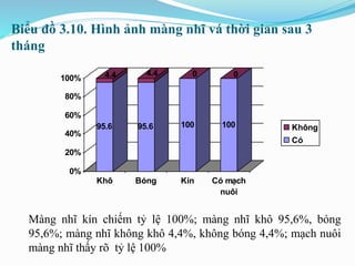 Biểu đồ 3.10. Hình ảnh màng nhĩ vá thời gian sau 3
tháng
Màng nhĩ kín chiếm tỷ lệ 100%; màng nhĩ khô 95,6%, bóng
95,6%; màng nhĩ không khô 4,4%, không bóng 4,4%; mạch nuôi
màng nhĩ thấy rõ tỷ lệ 100%
95.6
4.4
95.6
4.4
100
0
100
0
0%
20%
40%
60%
80%
100%
Khô Bóng Kín Có mạch
nuôi
Không
Có
 