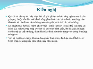 Kiến nghị
 Qua đề tài chúng tôi thấy phục hồi về giải phẫu và chức năng nghe sau mổ chủ
yếu phụ thuộc vào lứa tuổi chứ không phụ thuộc vào kích thước lỗ thủng, nên
theo dõi và tiến hành vá nhĩ càng sớm càng tốt, để tránh các biến chứng.
 Kỹ thuật phức hợp đặt mảnh ghép “trên - dưới” lớp sợi trên có thể tận dụng ưu
điểm của hai phương pháp overlay và underlay kinh điển, do đó xin kiến nghị
các bác sỹ có thể sử dụng, tham khảo kỹ thuật nêu trên trong việc đóng lỗ thủng
màng nhĩ.
 Với kỹ thuật này chúng tôi đảm bảo phẫu thuật mang lại hiệu quả tốt đẹp cho
bệnh nhân về giải phẫu cũng như chức năng nghe.
 