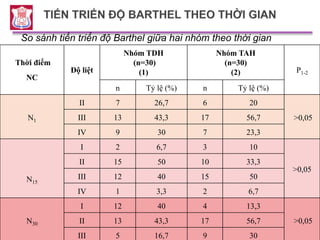 So sánh tiến triển độ Barthel giữa hai nhóm theo thời gian
Thời điểm
NC
Độ liệt
Nhóm TDH
(n=30)
(1)
Nhóm TAH
(n=30)
(2) P1-2
n Tỷ lệ (%) n Tỷ lệ (%)
N1
II 7 26,7 6 20
>0,05III 13 43,3 17 56,7
IV 9 30 7 23,3
N15
I 2 6,7 3 10
>0,05
II 15 50 10 33,3
III 12 40 15 50
IV 1 3,3 2 6,7
N30
I 12 40 4 13,3
>0,05II 13 43,3 17 56,7
III 5 16,7 9 30
 