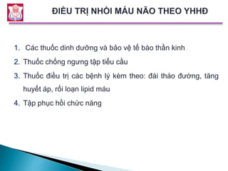 1. Các thuốc dinh dưỡng và bảo vệ tế bào thần kinh
2. Thuốc chống ngưng tập tiểu cầu
3. Thuốc điều trị các bệnh lý kèm theo: đái tháo đường, tăng
huyết áp, rối loạn lipid máu
4. Tập phục hồi chức năng
 