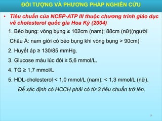ĐỐI TƯỢNG VÀ PHƯƠNG PHÁP NGHIÊN CỨU
• Tiêu chuẩn của NCEP-ATP III thuộc chương trình giáo dục
về cholesterol quốc gia Hoa Kỳ (2004)
1. Béo bụng: vòng bụng ≥ 102cm (nam); 88cm (nữ)(người
Châu Á: nam giới có béo bụng khi vòng bụng > 90cm)
2. Huyết áp ≥ 130/85 mmHg.
3. Glucose máu lúc đói ≥ 5,6 mmol/L.
4. TG ≥ 1,7 mmol/L
5. HDL-cholesterol < 1,0 mmol/L (nam); < 1,3 mmol/L (nữ).
Để xác định có HCCH phải có từ 3 tiêu chuẩn trở lên.
14
 