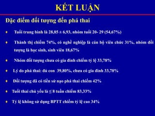 KẾT LUẬN
Đặc điểm đối tượng đến phá thai
♦ Tuổi trung bình là 28,85 ± 6,93, nhóm tuổi 20- 29 (54,67%)
♦ Thành thị chiếm 74%, có nghề nghiệp là cán bộ viên chức 31%, nhóm đối
tượng là học sinh, sinh viên 18,67%
♦ Nhóm đối tượng chưa có gia đình chiếm tỷ lệ 33,78%
♦ Lý do phá thai: đủ con 39,80%, chưa có gia đình 33,78%
♦ Đối tượng đã có tiền sử nạo phá thai chiếm 42%
♦ Tuổi thai chủ yếu là ≤ 8 tuần chiếm 83,33%
♦ Tỷ lệ không sử dụng BPTT chiếm tỷ lệ cao 34%
 
