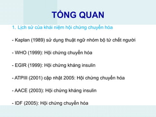 TỔNG QUAN
1. Lịch sử của khái niệm hội chứng chuyển hóa
- Kaplan (1989) sử dụng thuật ngữ nhóm bộ tứ chết người
- WHO (1999): Hội chứng chuyển hóa
- EGIR (1999): Hội chứng kháng insulin
- ATPIII (2001) cập nhật 2005: Hội chứng chuyển hóa
- AACE (2003): Hội chứng kháng insulin
- IDF (2005): Hội chứng chuyển hóa
 