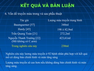 KẾT QUẢ VÀ BÀN LUẬN
6. Vấn đề truyền máu trong và sau phẫu thuật
Tác giả Lượng máu truyền trung bình
Baumgaerner [57] 340ml
Hardy [45] 198 ± 82,9ml
Trần Quang Toản [21] 272,2ml
Nguyễn Thanh Trường [22]
(Mổ không có C.arm)
423,61ml
Trong nghiên cứu này 230ml
Nghiên cứu này lương máu truyền ở 92 bệnh nhân phù hợp với kết quả
mổ có dùng bàn chỉnh hình và màn tăng sáng
Lượng máu truyền sẽ cao hơn nếu không dùng bàn chỉnh hình và màn
tăng sáng.
 