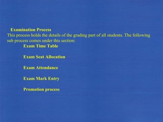 Examination Process This process holds the details of the grading part of all students. The following sub process comes under this section: Exam Time Table Exam Seat Allocation Exam Attendance Exam Mark Entry Promotion process 