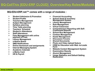 BQ-EDU-ERP.net™ comes with a range of modules : Student Admission & Promotion  Student Profile  Teachers Management  Subject Management  Syllabus planning  Time Table planning  Teachers’ Schedule  Student’s Attendance  Staff Attendance  Fees Management with online payment of Fees  Library Management  e-Notice Board  SMS Notifications  Online Homework and assignments  Internal Messaging System  Academic Calendar  e-Marks Card  HR & Payroll Financial Accounting  School Asset & Inventory Management System  Library Management  Role Management  Virtual Classroom  Comprehensive Reporting with Self-Customized Reports  School Bus Management  Canteen Management  Hostel Management  Discussion Forums  Shared Documents  Photo and Video Upload feature  CRM for Education with Web -to-Leads Form  Website Content Management System  Examination Results  Alumni Management  Usage Statistics and Default Setting Restoration BQ-CellThis [EDU-ERP CLOUD]  Overview/Key Roles/Modules   
