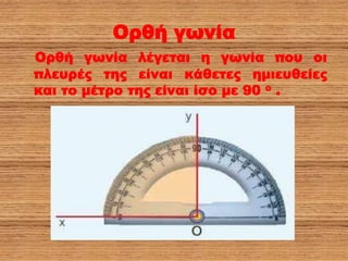Ορθή γωνία
Ορθή γωνία λέγεται η γωνία που οι
πλευρές της είναι κάθετες ημιευθείες
και το μέτρο της είναι ίσο με 90 ο .
 