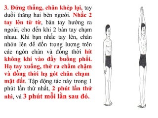 3. Đứng thẳng, chân khép lại, tay
duỗi thẳng hai bên người. Nhấc 2
tay lên từ từ, bàn tay hướng ra
ngoài, cho đến khi 2 bàn tay chạm
nhau. Khi bạn nhấc tay lên, chân
nhón lên để dồn trọng lượng trên
các ngón chân và đồng thời hít
không khí vào đầy buồng phổi.
Hạ tay xuống, thở ra chầm chậm
và đồng thời hạ gót chân chạm
mặt đất. Tập động tác này trong 1
phút lần thứ nhất, 2 phút lần thứ
nhì, và 3 phút mỗi lần sau đó.
 