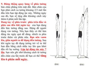 9. Đứng thẳng quay lưng về phía tường
bàn chân phẳng trên mặt đất. Bàn chân của
bạn phải cách xa tường khoảng 2/3 mét lần
đầu tiên bạn tập động tác này. Những ngày
sau đó, bạn sẽ tăng dần khoảng cách này
thêm 6 phân mỗi lần tập.
Dang tay về phía trước phía trên đầu và
phía sau đến khi ngón tay của bạn đụng
đến bức tường đằng sau. Đừng để người
đụng vào tường. Nếu bạn thấy có thể làm
động tác ngày quá dễ dàng, nhích ra phía
trước thêm vài phân nữa. Bạn nên vươn
lên, giãn người ra để đụng đến tường, Sau
khi ngón tay đã đụng tường trở về tư thế
ban đầu bằng cách nhấc tay lên qua khỏi
đầu rồi hạ xuống. Lặp lại động tác này 7
lần. bạn nên ghi nhớ khoảng cách từ tường
đến chân của lần trước để bạn có thể tăng
lên 6 phân mỗi ngày.
 