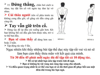  15. Đứng thẳng, chân hơi cách xa
nhau, tay đặt lên cổ với ngón tay đan lại với
nhau.
 Cúi thân người trên về phía trước mà
không cong đầu gối, cố gắng cúi đầu càng gần
càng tốt.
 Tay vẫn giữ trên cổ.
 Dùng tay để ép đầu cúi xuống gần hơn. Khi
bạn không thể cúi đầu gần hơn được nữa, trở về
tư thế ban đầu.
 Bạn sẽ cảm thấy dễ dàng hơn sau 1
hoặc 2 tuần.
 Tập động tác này 5 lần.
Ngạc nhiên khi thấy những bài tập thể dục này tập rất vui và nó sẽ
làm bạn cảm thấy thỏa mãn với kết quả của mình.
Từ 30 đến 45 phút mỗi ngày đủ để tập tất cả 10 động tác.
 Để có lợi nhất bạn nên tập trước khi đi ngủ.
 Bạn sẽ không bị vội vàng mà ráng tập xong cho nhanh.
 Và điều quan trọng nhất là cơ thể của bạn sẽ có đủ thời gian để phục hồi sau một
đêm dài trong lúc bạn ngủ.
 