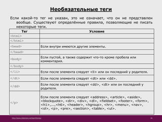http://www.slideshare.net/IgorShkulipa 28
Необязательные теги
Если какой-то тег не указан, это не означает, что он не представлен
вообще. Существуют определённые правила, позволяющие не писать
некоторые теги.
Тег Условие
<html>
</html>
<head> Если внутри имеются другие элементы.
</head>
<body> Если пустой, а также содержит что-то кроме пробела или
комментария.
</body>
</li> Если после элемента следует <li> или он последний у родителя.
</dt> Если после элемента следует <dt> или <dd>.
</dd> Если после элемента следует <dd>, <dt> или он последний у
родителя.
</p>
Если после элемента следует <address>, <article>, <aside>,
<blockquote>, <dir>, <div>, <dl>, <fieldset>, <footer>, <form>,
<h1>,...,<h6>, <header>, <hgroup>, <hr>, <menu>, <nav>,
<ol>, <p>, <pre>, <section>, <table>, <ul>.
 