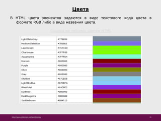 http://www.slideshare.net/IgorShkulipa 35
Цвета
В HTML цвета элементов задаются в виде текстового кода цвета в
формате RGB либо в виде названия цвета.
Ссылка на таблицу цветов HTML
 