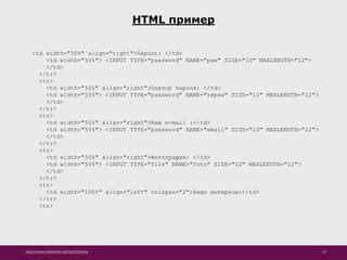 http://www.slideshare.net/IgorShkulipa 37
HTML пример
<td width="50%" align="right">Пароль: </td>
<td width="50%"> <INPUT TYPE="password" NAME="psw" SIZE="10" MAXLENGTH="12">
</td>
</tr>
<tr>
<td width="50%" align="right">Повтор пароля: </td>
<td width="50%"> <INPUT TYPE="password" NAME="repsw" SIZE="10" MAXLENGTH="12">
</td>
</tr>
<tr>
<td width="50%" align="right">Ваш e-mail :</td>
<td width="50%"> <INPUT TYPE="password" NAME="email" SIZE="10" MAXLENGTH="12">
</td>
</tr>
<tr>
<td width="50%" align="right">Фотография: </td>
<td width="50%"> <INPUT TYPE="file" NAME="foto" SIZE="10" MAXLENGTH="12">
</td>
</tr>
<tr>
<td width="100%" align="left" colspan="2">Ваши интересы:</td>
</tr>
<tr>
 