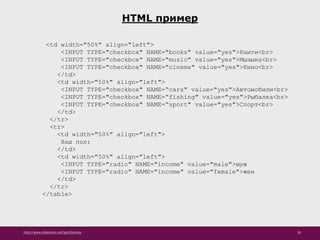 http://www.slideshare.net/IgorShkulipa 38
HTML пример
<td width="50%" align="left">
<INPUT TYPE="checkbox" NAME="books" value="yes">Книги<br>
<INPUT TYPE="checkbox" NAME="music" value="yes">Мызыка<br>
<INPUT TYPE="checkbox" NAME="cinema" value="yes">Кино<br>
</td>
<td width="50%" align="left">
<INPUT TYPE="checkbox" NAME=“cars" value="yes">Автомобили<br>
<INPUT TYPE="checkbox" NAME=“fishing" value="yes">Рыбалка<br>
<INPUT TYPE="checkbox" NAME=“sport" value="yes">Спорт<br>
</td>
</tr>
<tr>
<td width="50%" align="left">
Ваш пол:
</td>
<td width="50%" align="left">
<INPUT TYPE="radio" NAME="income" value="male">муж
<INPUT TYPE="radio" NAME="income" value="female">жен
</td>
</tr>
</table>
 