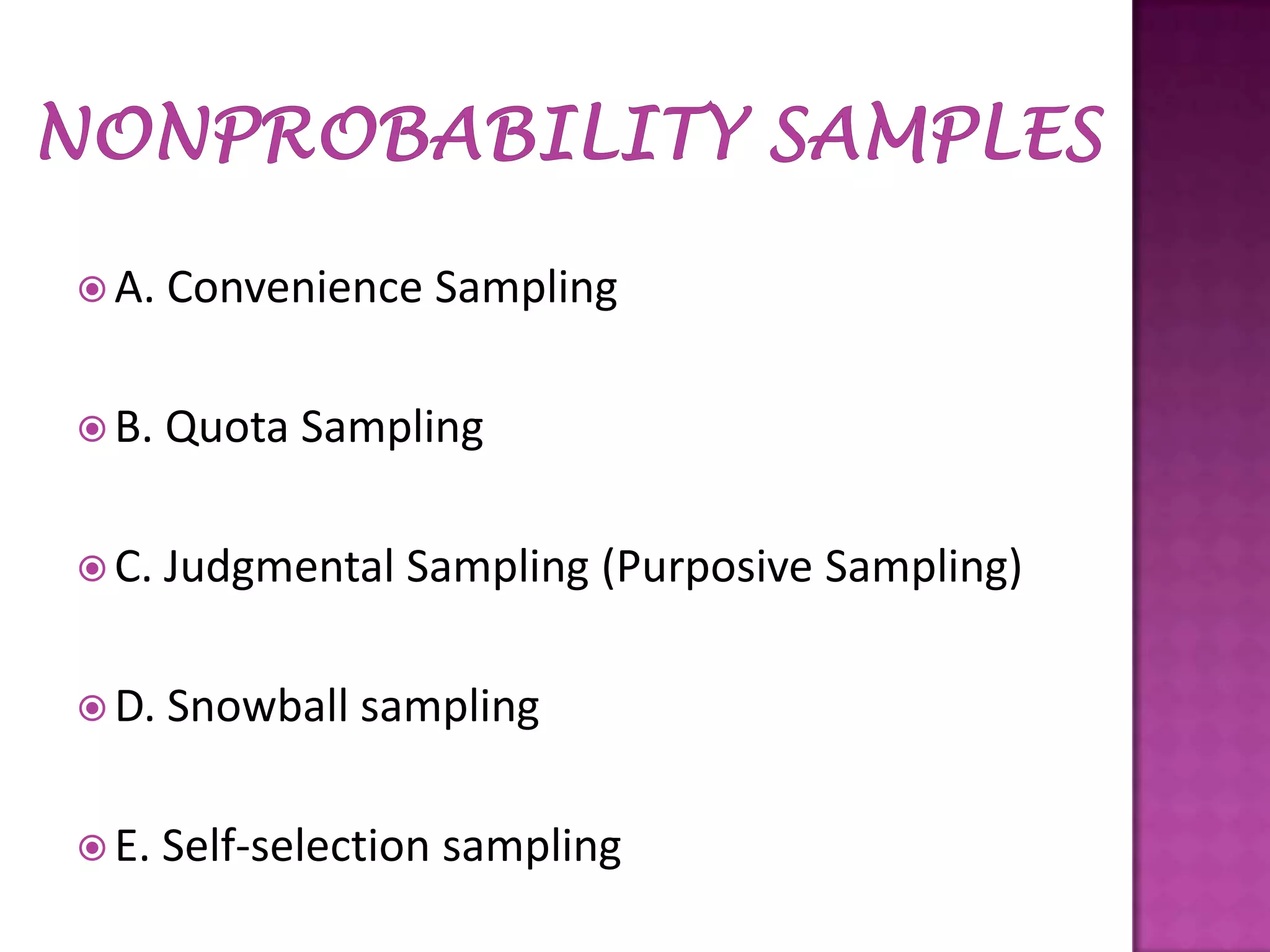  A.

Convenience Sampling

 B.

Quota Sampling

 C.

Judgmental Sampling (Purposive Sampling)

 D.

Snowball sampling

 E.

Self-selection sampling

 