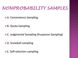  A.

Convenience Sampling

 B.

Quota Sampling

 C.

Judgmental Sampling (Purposive Sampling)

 D.

Snowball sampling

 E.

Self-selection sampling

 