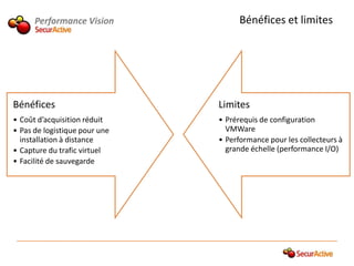 Performance Vision             Bénéfices et limites




Bénéfices                      Limites
• Coût d’acquisition réduit    • Prérequis de configuration
• Pas de logistique pour une     VMWare
  installation à distance      • Performance pour les collecteurs à
• Capture du trafic virtuel      grande échelle (performance I/O)
• Facilité de sauvegarde
 