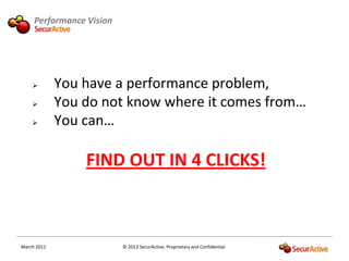 Performance Vision




            You have a performance problem,
            You do not know where it comes from…
            You can…

                 FIND OUT IN 4 CLICKS!



March 2012                © 2012 SecurActive. Proprietary and Confidential
 