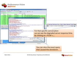 Performance Vision




                                         For that specific conversation
                                         we can see the degraded server response time.
                                         By clicking on « PCAP »…




                                             You can view the exact query
                                             that caused the slowdown.

March 2012                © 2012 SecurActive. Proprietary and Confidential
 