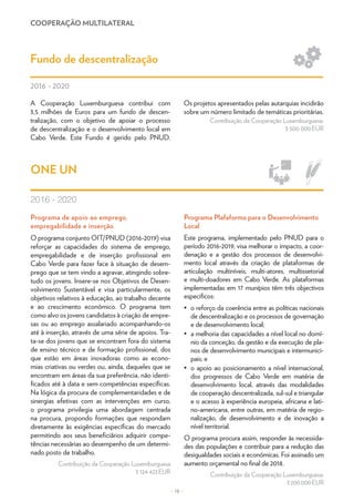 COOPERAÇÃO MULTILATERAL
– 18 –
A Cooperação Luxemburguesa contribui com
3,5 milhões de Euros para um fundo de descen-
tralização, com o objetivo de apoiar o processo
de descentralização e o desenvolvimento local em
Cabo Verde. Este Fundo é gerido pelo PNUD.
Os projetos apresentados pelas autarquias incidirão
sobre um número limitado de temáticas prioritárias.
Contribuição da Cooperação Luxemburguesa:
3 500 000 EUR
Fundo de descentralização
2016 - 2020 Sa
M
Go
Re
Programa de apoio ao emprego,
empregabilidade e inserção
O programa conjunto OIT/PNUD (2016-2019) visa
reforçar as capacidades do sistema de emprego,
empregabilidade e de inserção profissional em
Cabo Verde para fazer face à situação de desem-
prego que se tem vindo a agravar, atingindo sobre-
tudo os jovens. Insere-se nos Objetivos de Desen-
volvimento Sustentável e visa particularmente, os
objetivos relativos à educação, ao trabalho decente
e ao crescimento económico. O programa tem
como alvo os jovens candidatos à criação de empre-
sas ou ao emprego assalariado acompanhando-os
até à inserção, através de uma série de apoios. Tra-
ta-se dos jovens que se encontram fora do sistema
de ensino técnico e de formação profissional, dos
que estão em áreas inovadoras como as econo-
mias criativas ou verdes ou, ainda, daqueles que se
encontram em áreas da sua preferência, não identi-
ficados até à data e sem competências específicas.
Na lógica da procura de complementaridades e de
sinergias efetivas com as intervenções em curso,
o programa privilegia uma abordagem centrada
na procura, propondo formações que respondam
diretamente às exigências específicas do mercado
permitindo aos seus beneficiãrios adquirir compe-
tências necessãrias ao desempenho de um determi-
nado posto de trabalho.
Contribuição da Cooperação Luxemburguesa
3 124 423 EUR
Programa Plafaforma para o Desenvolvimento
Local
Este programa, implementado pelo PNUD para o
período 2016-2019, visa melhorar o impacto, a coor-
denação e a gestão dos processos de desenvolvi-
mento local através da criação de plataformas de
articulação multiníveis, multi-atores, multissetorial
e multi-doadores em Cabo Verde. As plataformas
implementadas em 17 munípios têm três objectivos
especificos:
•	 o reforço da coerência entre as políticas nacionais
de descentralização e os processos de governação
e de desenvolvimento local;
•	 a melhoria das capacidades a nível local no domí-
nio da conceção, da gestão e da execução de pla-
nos de desenvolvimento municipais e intermunici-
pais; e
•	 o apoio ao posicionamento a nível internacional,
dos progressos de Cabo Verde em matéria de
desenvolvimento local, através das modalidades
de cooperação descentralizada, sul-sul e triangular
e o acesso à experiência europeia, africana e lati-
no-americana, entre outras, em matéria de regio-
nalização, de desenvolvimento e de inovação a
nível territorial.
O programa procura assim, responder às necessida-
des das populações e contribuir para a redução das
desigualdades sociais e económicas. Foi assinado um
aumento orçamental no final de 2018.
Contribuição da Cooperação Luxemburguesa:
3 200 000 EUR
ONE UN
2016 - 2020
D
E
A
E
M
G
E
C
E
A
G
S
E
 