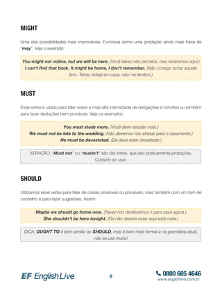 0800 605 4646
www.englishlive.com.br
6
MIGHT
Uma das possibilidades mais improváveis. Funciona como uma gradação ainda mais fraca de
“may”. Veja o exemplo:
You might not notice, but we will be here. (Você talvez não perceba, mas estaremos aqui.)
I can’t find that book. It might be home, I don’t remember. (Não consigo achar aquele
livro. Talvez esteja em casa, não me lembro.)
MUST
Esse verbo é usado para falar sobre a mais alta intensidade de obrigações e convites ou também
para fazer deduções bem prováveis. Veja os exemplos:
You must study more. (Você deve estudar mais.)
We must not be late to the wedding. (Não devemos nos atrasar para o casamento.)
He must be devastated. (Ele deve estar devastado.)
ATENÇÃO: “Must not” ou “mustn’t” são tão fortes, que são praticamente proibições.
Cuidado ao usar.
SHOULD
Utilizamos esse verbo para falar de coisas possíveis ou prováveis, mas também com um tom de
conselho e para fazer sugestões. Assim:
Maybe we should go home now. (Talvez nós devêssemos ir para casa agora.)
She shouldn’t be here tonight. (Ela não deveria estar aqui esta noite.)
DICA: OUGHT TO é bem similar ao SHOULD, mas é bem mais formal e na gramática atual,
não se usa muito!
 