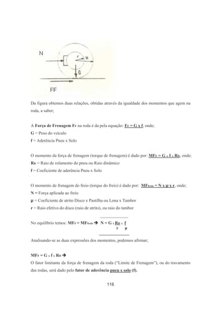 116
Da figura obtemos duas relações, obtidas através da igualdade dos momentos que agem na
roda, a saber;
A Força de Frenagem FF na roda é da pela equação: FF = G x f, onde;
G = Peso do veículo
f = Aderência Pneu x Solo
O momento da força de frenagem (torque de frenagem) é dado por: MFF = G x f x RR, onde;
RR = Raio de rolamento do pneu ou Raio dinâmico
f = Coeficiente de aderência Pneu x Solo
O momento de frenagem do freio (torque do freio) é dado por: MFfreio = N x µ x r, onde;
N = Força aplicada ao freio
µ = Coeficiente de atrito Disco x Pastilha ou Lona x Tambor
r = Raio efetivo do disco (raio de atrito), ou raio do tambor
_____________
No equilíbrio temos: MFF = MFfreio N = G x RR x f
r µ
______________
Analisando-se as duas expressões dos momentos, podemos afirmar;
MFF = G x f x RR
O fator limitante da força de frenagem da roda (“Limite de Frenagem”), ou do travamento
das rodas, será dado pelo fator de aderência pneu x solo (f).
 