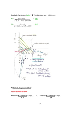 138
Condição Carregado (Laden ) Considerando-se ƒ = 0,80, temos;
Xi = ___ 975 x 0,80 ______ = 0,51
(1 - 0,80 x 0,2167) x 1.855
Yi = _____910 x 0,80 ______ = 0,33
(1 + 0,80 x 0,2167) x 1.855
X) Cálculo das pressões ideais:
» Para a condição vazio
Phed*0 = G0 x Fed*0 + Ppo e Phet*0 = G0 x Fed*0 + Ppo
Kd Kt
 