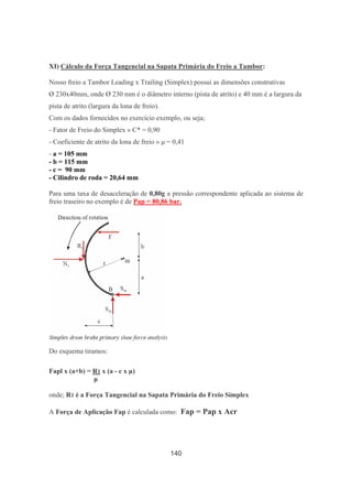 140
XI) Cálculo da Força Tangencial na Sapata Primária do Freio a Tambor:
Nosso freio a Tambor Leading x Trailing (Simplex) possui as dimensões construtivas
Ø 230x40mm, onde Ø 230 mm é o diâmetro interno (pista de atrito) e 40 mm é a largura da
pista de atrito (largura da lona de freio).
Com os dados fornecidos no exercício exemplo, ou seja;
- Fator de Freio do Simplex » C* = 0,90
- Coeficiente de atrito da lona de freio » µ = 0,41
- a = 105 mm
- b = 115 mm
- c = 90 mm
- Cilindro de roda = 20,64 mm
Para uma taxa de desaceleração de 0,80g a pressão correspondente aplicada ao sistema de
freio traseiro no exemplo é de Pap = 80,86 bar.
Do esquema tiramos:
Fapl x (a+b) = R1 x (a - c x µ)
µ
onde; R1 é a Força Tangencial na Sapata Primária do Freio Simplex
A Força de Aplicação Fap é calculada como: Fap = Pap x Acr
 