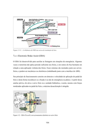 164
Figura 111 C - A influência do EBD nas curvas de instalação de freio
7.c » Electronic Brake Assist (EBA)
O EBA foi desenvolvido para auxiliar as frenagens em situações de emergência. Algumas
vezes o motorista não aplica pressão suficiente nos freios, e em outras ele fica hesitante em
relação a uma aplicação violenta dos freios. Esses sistemas são montados junto aos servos-
freios, e podem ser mecânicos ou eletrônicos (trabalhando junto com a interface do ABS).
Seu princípio de funcionamento consiste em detectar a velocidade de aplicação do pedal de
freio e desta forma reconhecer se a freada é ou não de emergência ou pânico. A partir dessa
analise prévia, ele ativa o servo freio ou a unidade hidráulica, e assim, mesmo com forças
moderadas aplicadas no pedal de freio, a máxima desaceleração é atingida.
Figura 112 - EBA (Teves®) com acionamento eletrônico no servo freio
 
