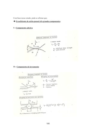 180
Com base nesse estudo, pode-se afirmar que;
O coeficiente de atrito possui três grandes componentes:
I » Componente adesiva
II » Componente de lavramento
 