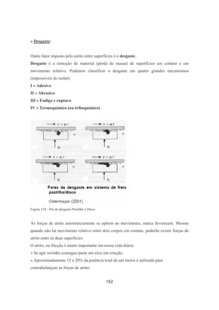 182
» Desgaste:
Outro fator imposto pelo atrito entre superfícies é o desgaste.
Desgaste é a remoção de material (perda de massa) de superfícies em contato e em
movimento relativo. Podemos classificar o desgaste em quatro grandes mecanismos
(impossíveis de isolar):
I » Adesivo
II » Abrasivo
III » Fadiga e ruptura
IV » Termoquímico (ou triboquímico)
Figura 124 - Par de desgaste Pastilha x Disco
As forças de atrito automaticamente se opõem ao movimento, nunca favorecem. Mesmo
quando não há movimento relativo entre dois corpos em contato, poderão existir forças de
atrito entre as duas superfícies.
O atrito, ou fricção é muito importante em nossa vida diária:
» Se agir sozinho consegue parar um eixo em rotação.
» Aproximadamente 15 a 20% da potência total de um motor é utilizada para
contrabalançear as forças de atrito.
 