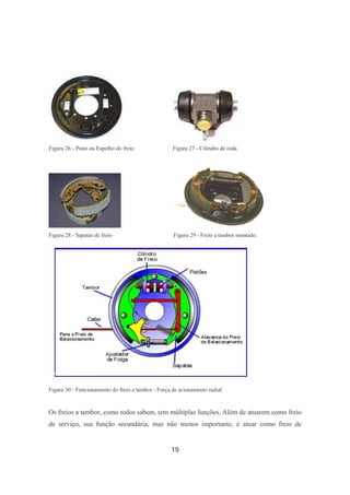 19
Figura 26 - Prato ou Espelho do freio Figura 27 - Cilindro de roda
Figura 28 - Sapatas de freio Figura 29 - Freio a tambor montado.
Figura 30 - Funcionamento do freio a tambor - Força de acionamento radial
Os freios a tambor, como todos sabem, tem múltiplas funções. Além de atuarem como freio
de serviço, sua função secundária, mas não menos importante, é atuar como freio de
 